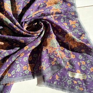 Vintage Laura Ashley 100% Wool Square Scarf Purple Floral Made in Japan 33"